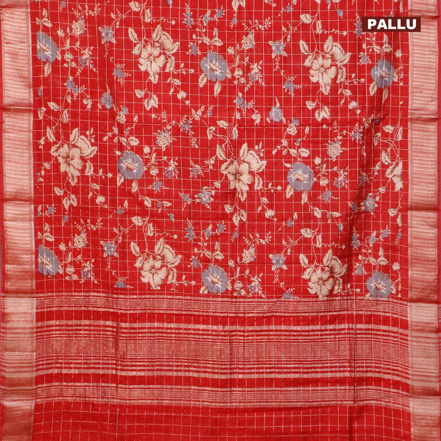 Semi gadwal saree red with allover zari checks & floral prints and zari woven border