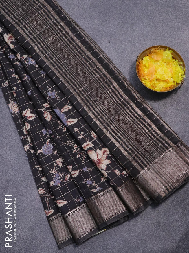 Semi gadwal saree black with allover zari checks & floral prints and zari woven border