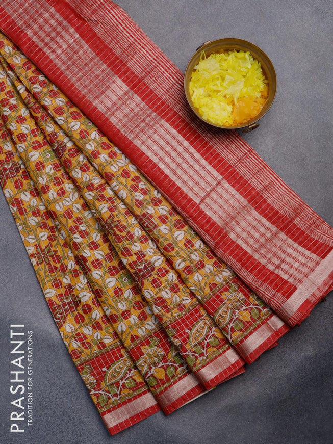 Semi gadwal saree yellow and red with allover small zari checks & kalamkari prints and small zari woven border