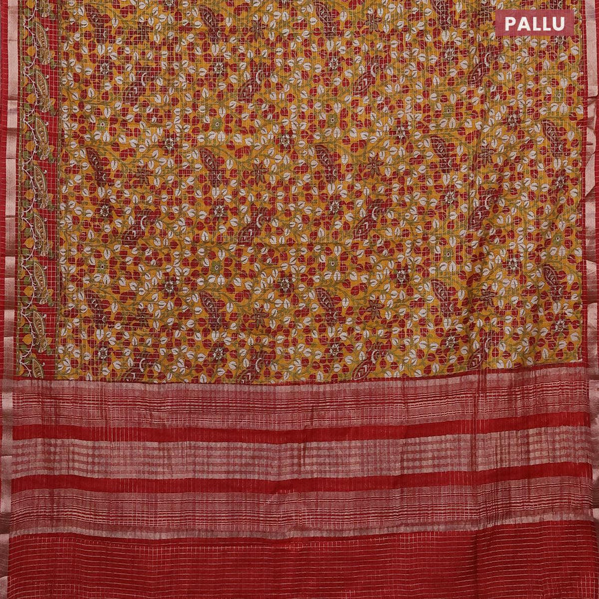 Semi gadwal saree yellow and red with allover small zari checks & kalamkari prints and small zari woven border