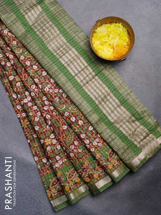 Semi gadwal saree maroon and green with allover small zari checks & kalamkari prints and small zari woven border