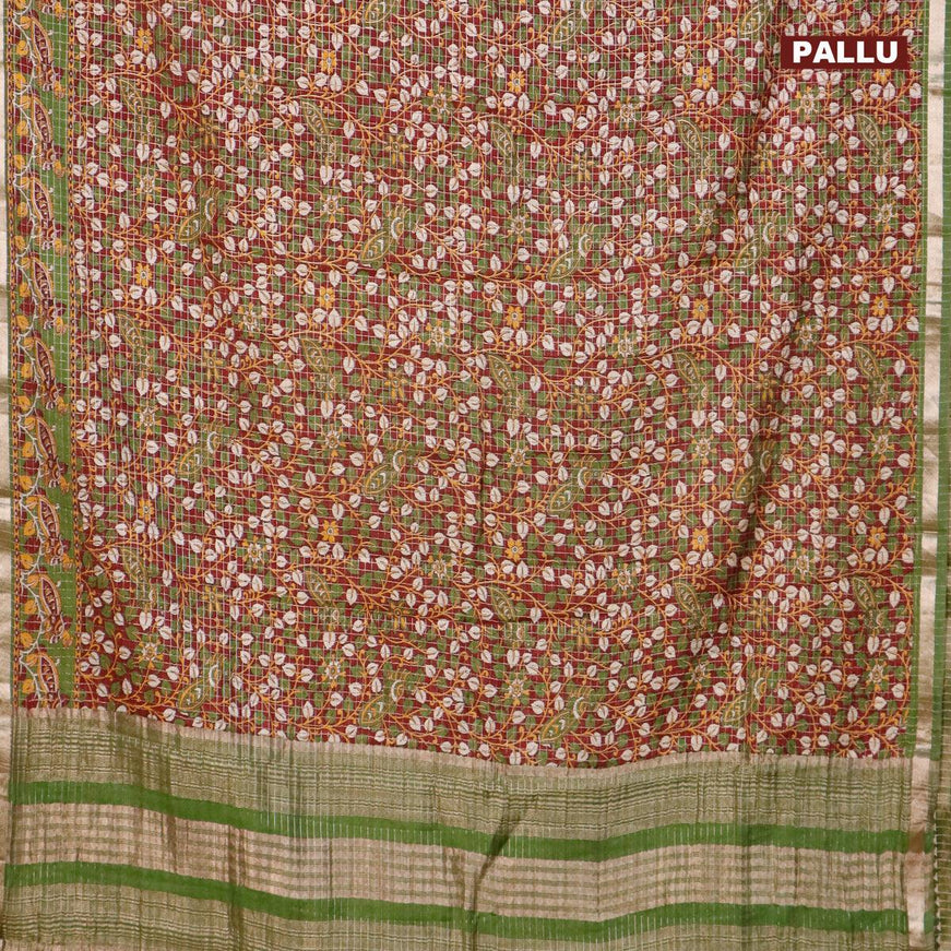 Semi gadwal saree maroon and green with allover small zari checks & kalamkari prints and small zari woven border