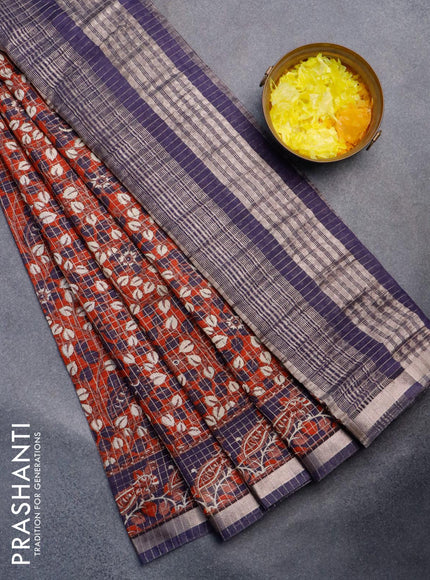 Semi gadwal saree orange and navy blue with allover small zari checks & kalamkari prints and small zari woven border