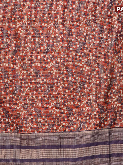 Semi gadwal saree orange and navy blue with allover small zari checks & kalamkari prints and small zari woven border