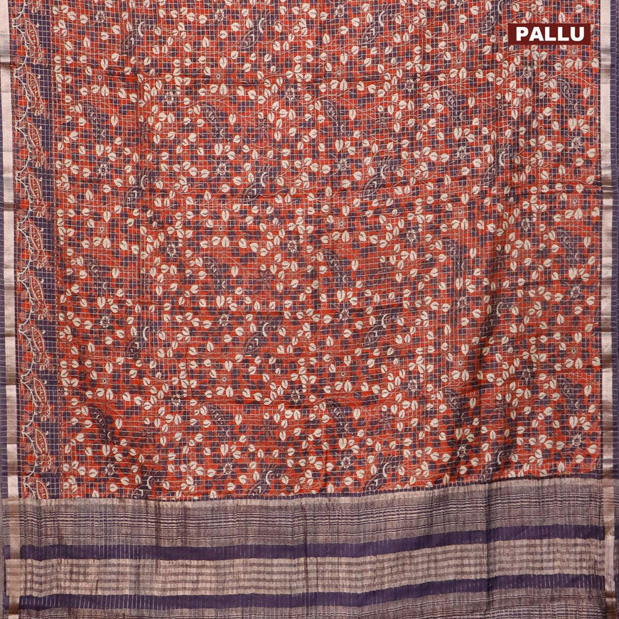 Semi gadwal saree orange and navy blue with allover small zari checks & kalamkari prints and small zari woven border