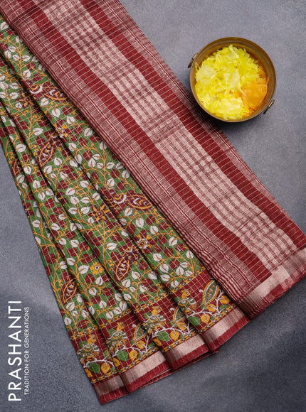 Semi gadwal saree green and maroon with allover small zari checks & kalamkari prints and small zari woven border