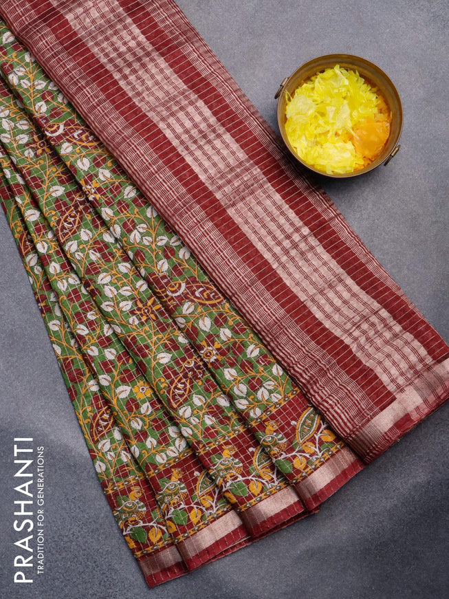 Semi gadwal saree green and maroon with allover small zari checks & kalamkari prints and small zari woven border