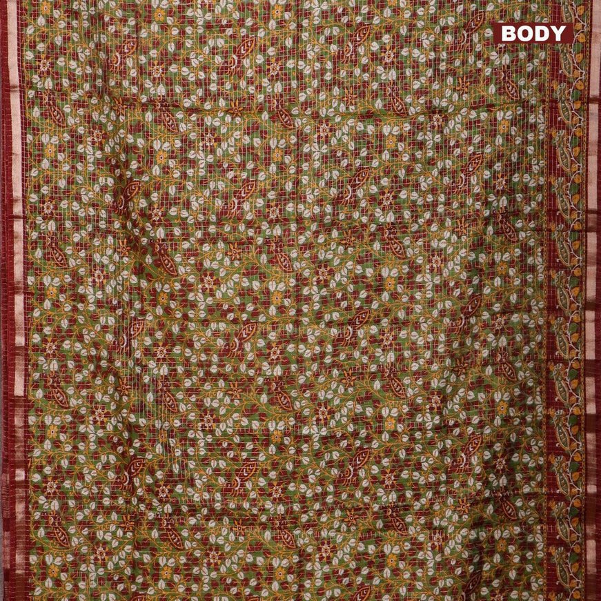 Semi gadwal saree green and maroon with allover small zari checks & kalamkari prints and small zari woven border