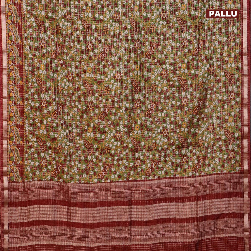 Semi gadwal saree green and maroon with allover small zari checks & kalamkari prints and small zari woven border