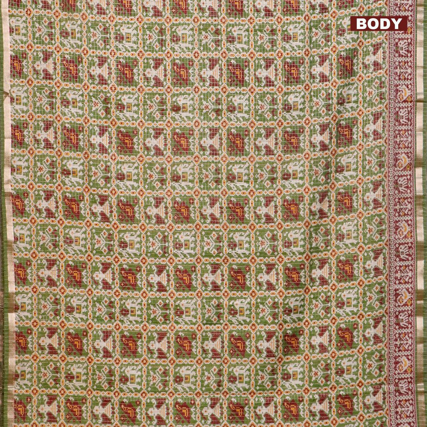 Semi gadwal saree green and maroon with allover small zari checks & ikat prints and small zari woven border