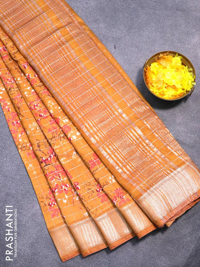 Semi gadwal saree mustard yellow with allover zari checks & floral prints and zari woven border