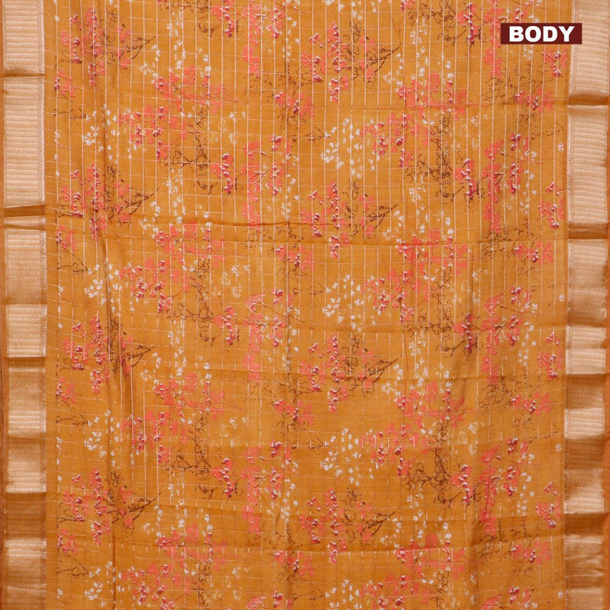 Semi gadwal saree mustard yellow with allover zari checks & floral prints and zari woven border