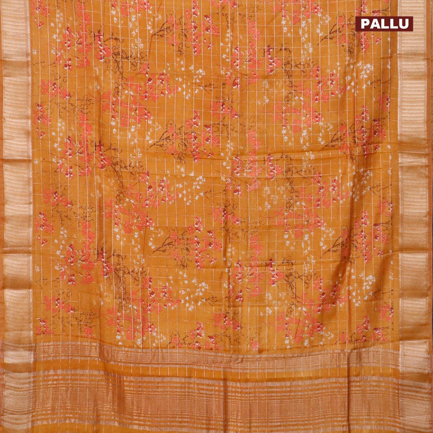 Semi gadwal saree mustard yellow with allover zari checks & floral prints and zari woven border