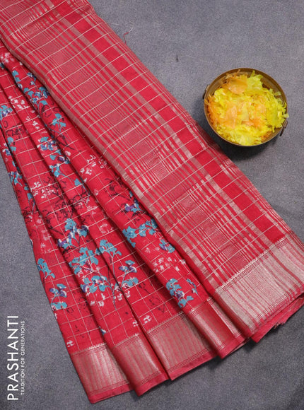 Semi gadwal saree red with allover zari checks & floral prints and zari woven border