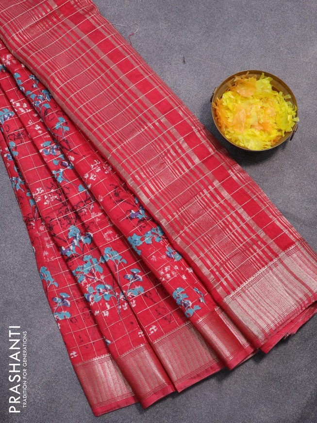 Semi gadwal saree red with allover zari checks & floral prints and zari woven border