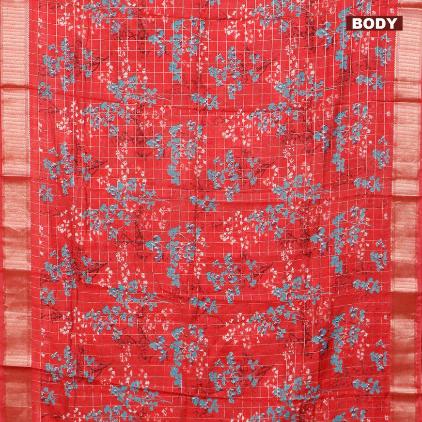 Semi gadwal saree red with allover zari checks & floral prints and zari woven border