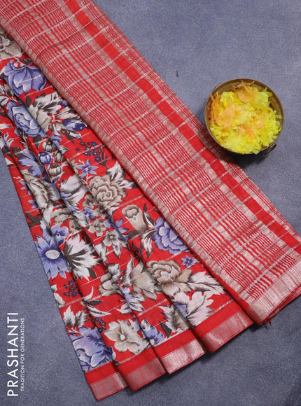 Semi gadwal saree red with allover zari strips & floral prints and zari woven border