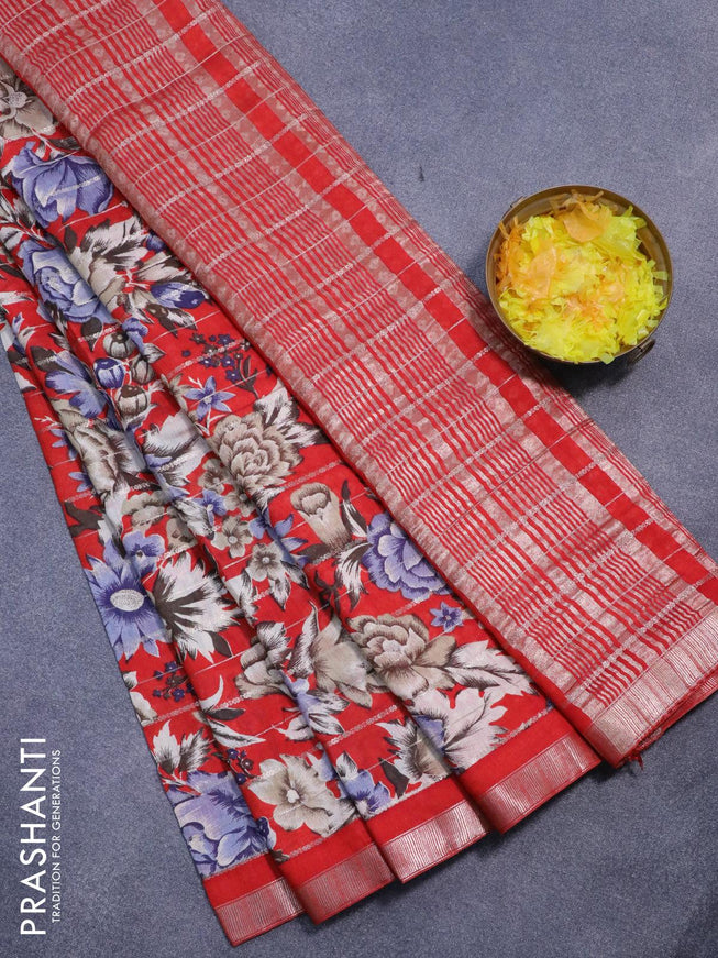 Semi gadwal saree red with allover zari strips & floral prints and zari woven border