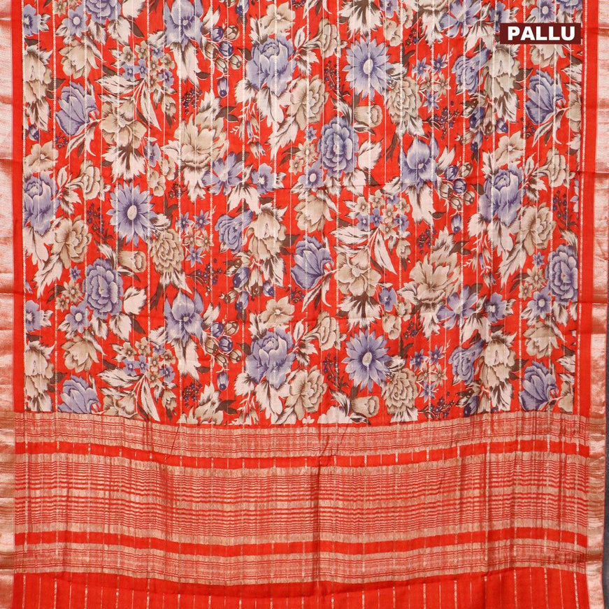 Semi gadwal saree red with allover zari strips & floral prints and zari woven border