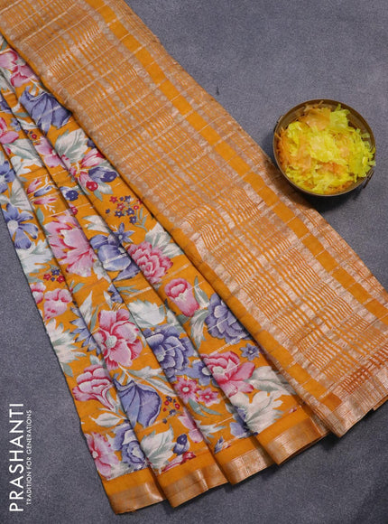 Semi gadwal saree mustard yellow with allover zari strips & floral prints and zari woven border