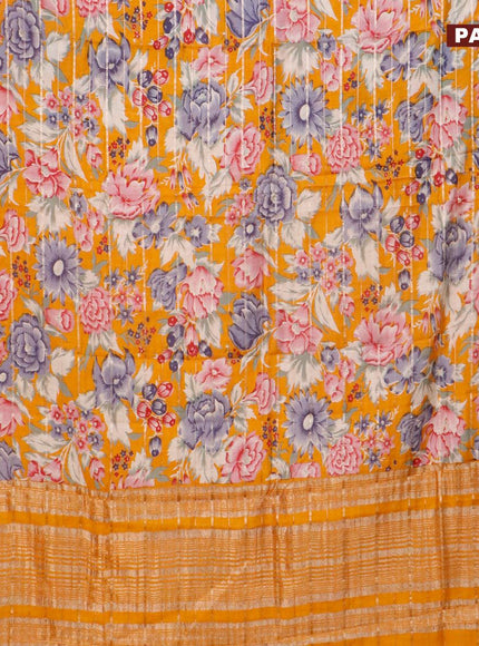 Semi gadwal saree mustard yellow with allover zari strips & floral prints and zari woven border