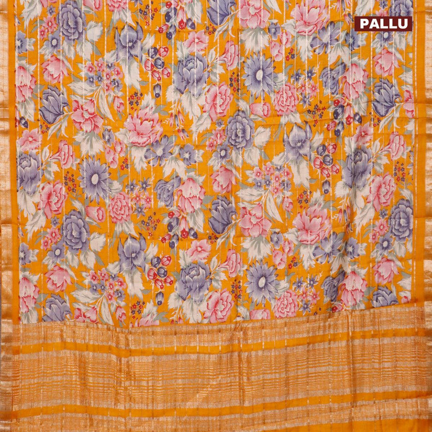 Semi gadwal saree mustard yellow with allover zari strips & floral prints and zari woven border