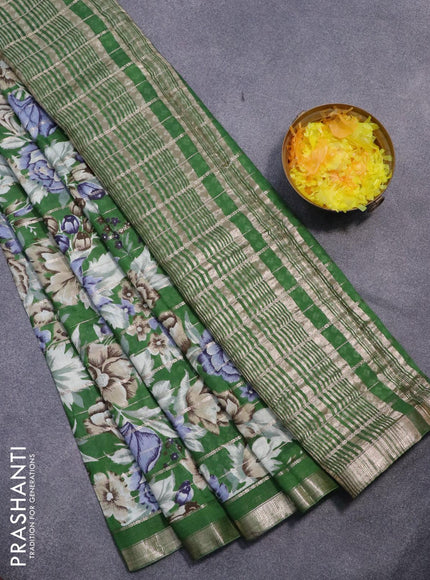 Semi gadwal saree green with allover zari strips & floral prints and zari woven border