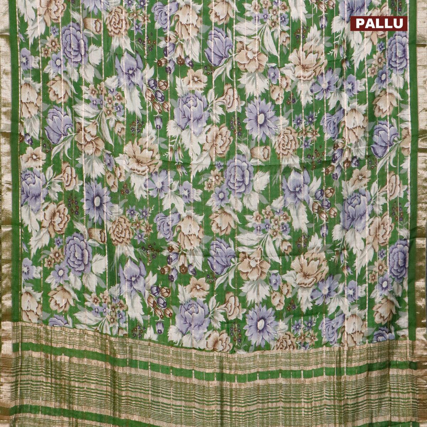 Semi gadwal saree green with allover zari strips & floral prints and zari woven border