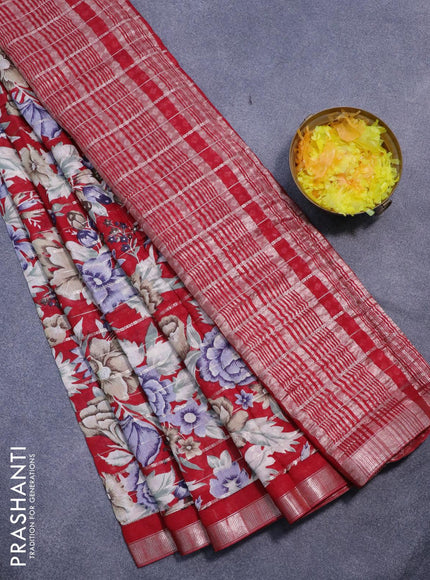 Semi gadwal saree maroon with allover zari strips & floral prints and zari woven border