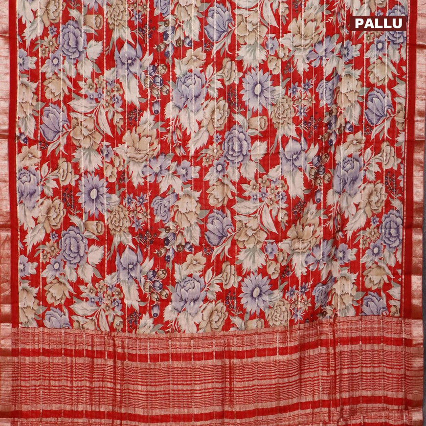 Semi gadwal saree maroon with allover zari strips & floral prints and zari woven border