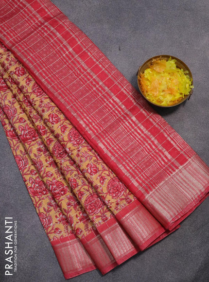 Semi gadwal saree yellow and red with allover zari checks & floral prints and zari woven border