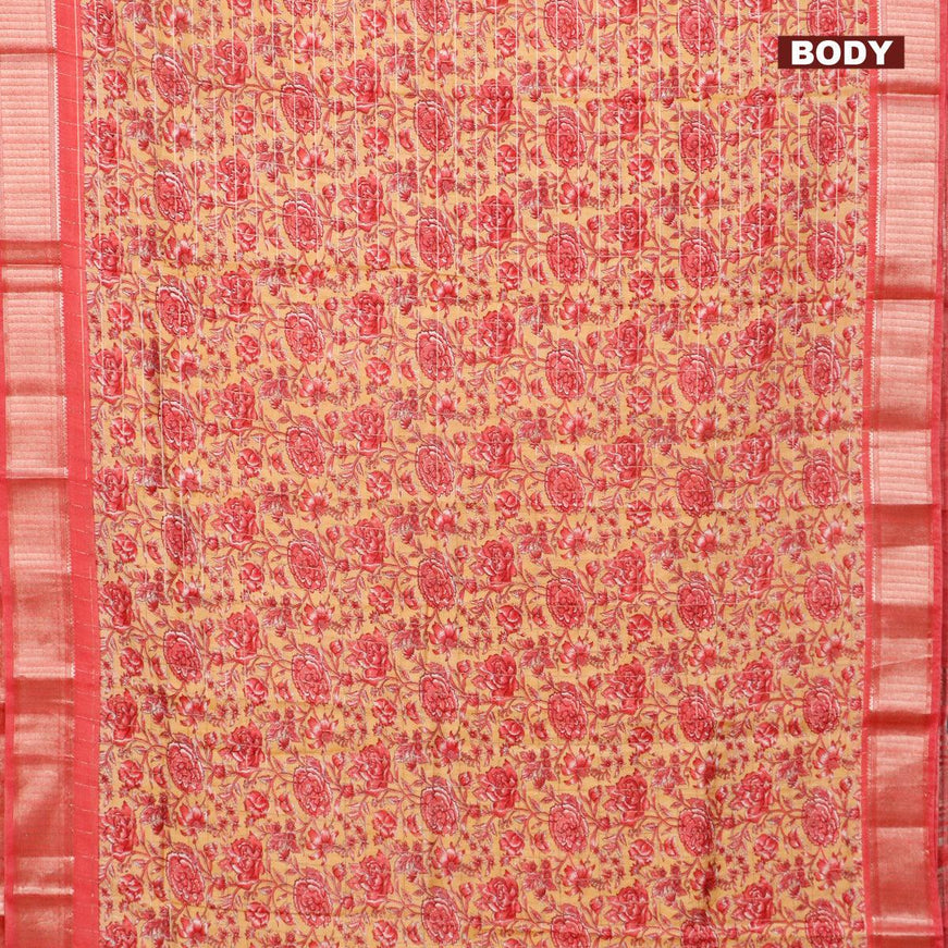 Semi gadwal saree yellow and red with allover zari checks & floral prints and zari woven border