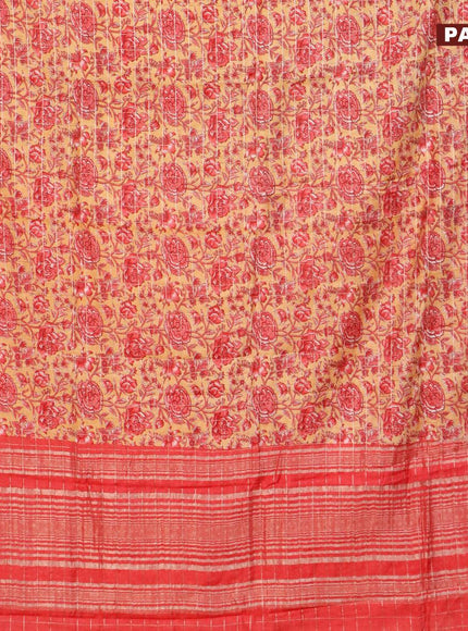 Semi gadwal saree yellow and red with allover zari checks & floral prints and zari woven border