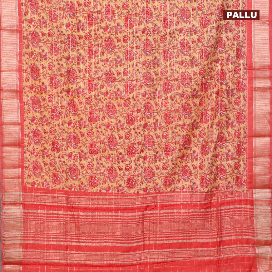 Semi gadwal saree yellow and red with allover zari checks & floral prints and zari woven border