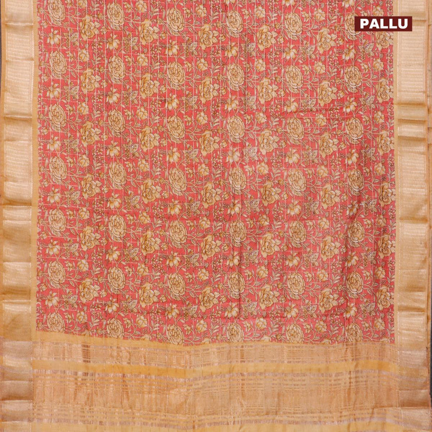 Semi gadwal saree pink shade and mustard shade with allover zari checks & floral prints and zari woven border