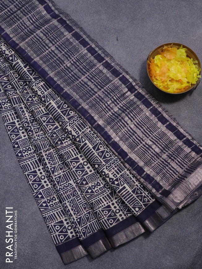 Semi gadwal saree cream and navy blue with allover zari checks & geometric prints and zari woven border