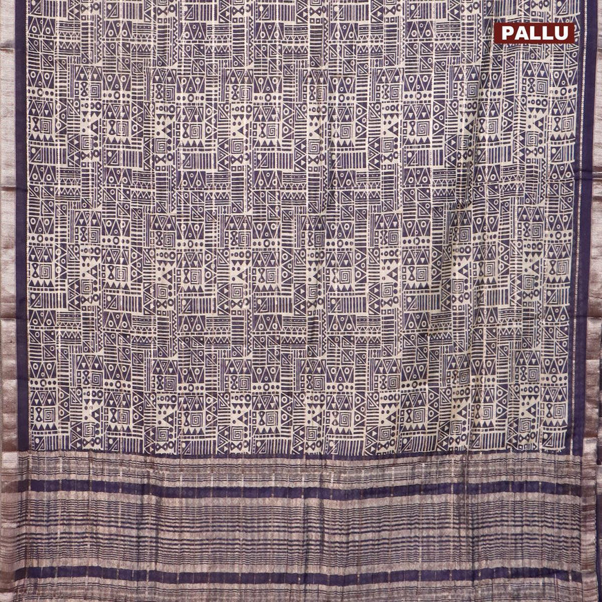 Semi gadwal saree cream and navy blue with allover zari checks & geometric prints and zari woven border