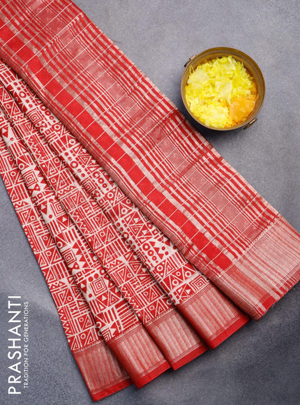 Semi gadwal saree cream and red with allover zari checks & geometric prints and zari woven border