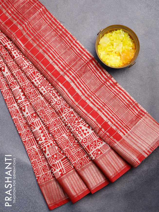 Semi gadwal saree cream and red with allover zari checks & geometric prints and zari woven border