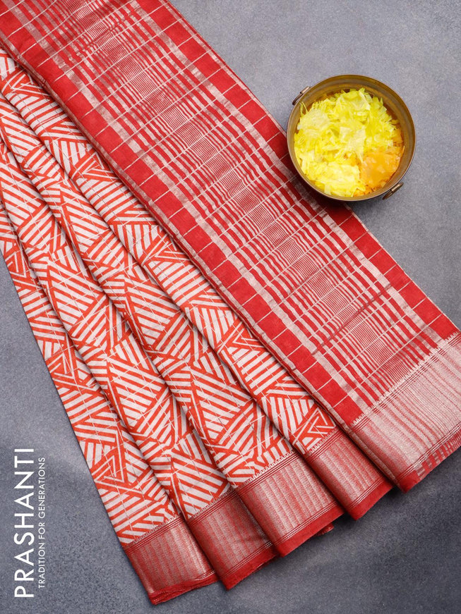 Semi gadwal saree cream orange and maroon with allover zari checks & geometric prints and zari woven border