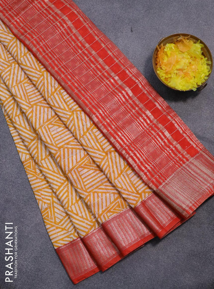 Semi gadwal saree cream yellow and orange with allover zari checks & geometric prints and zari woven border