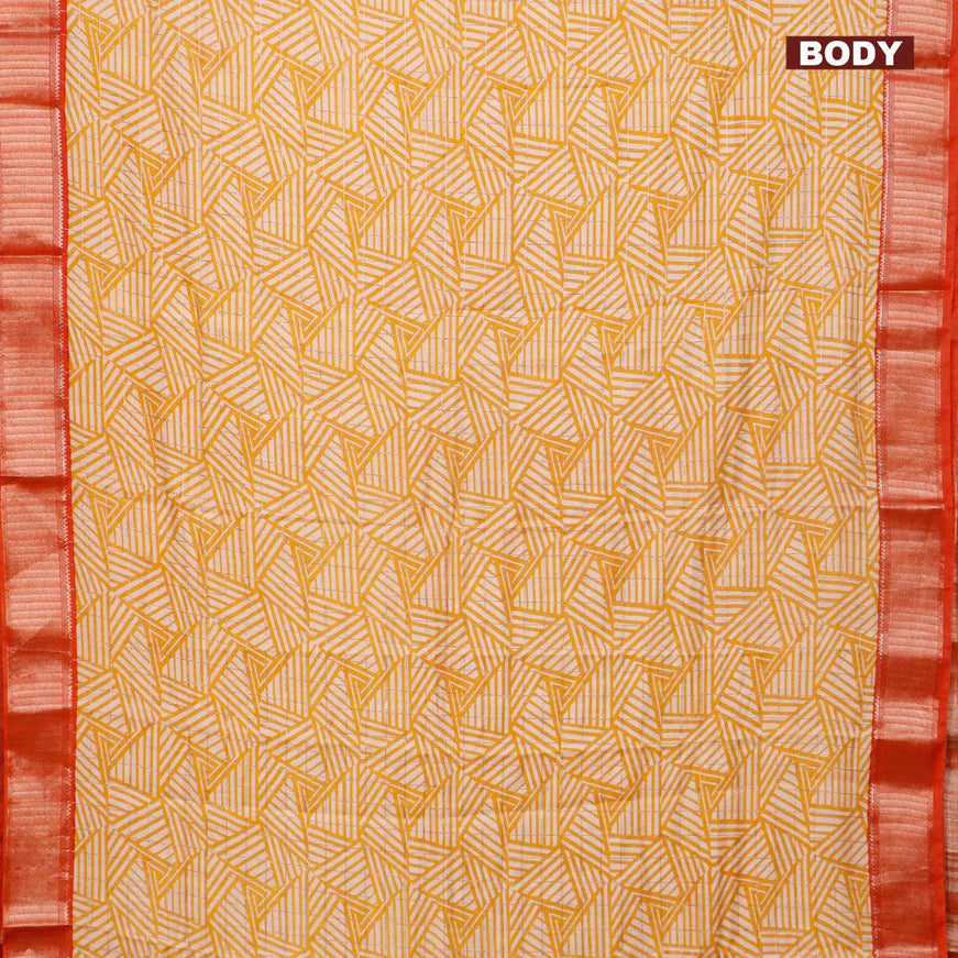 Semi gadwal saree cream yellow and orange with allover zari checks & geometric prints and zari woven border