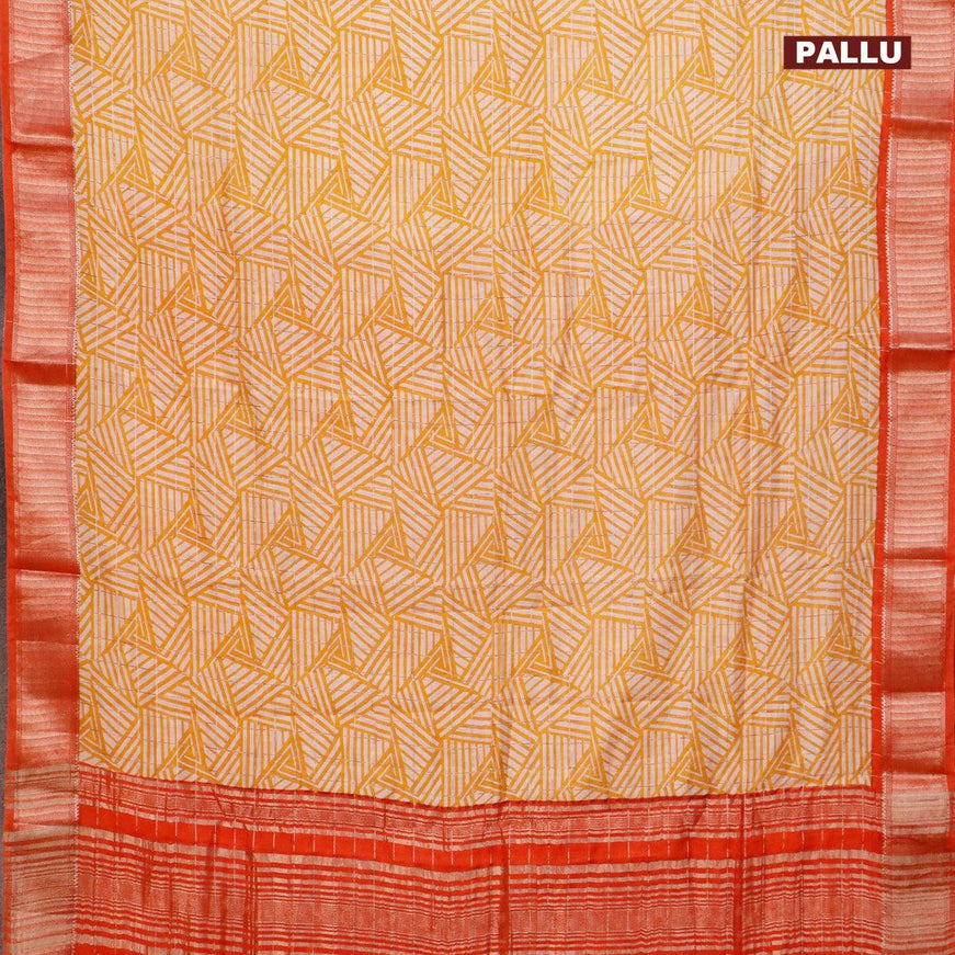 Semi gadwal saree cream yellow and orange with allover zari checks & geometric prints and zari woven border