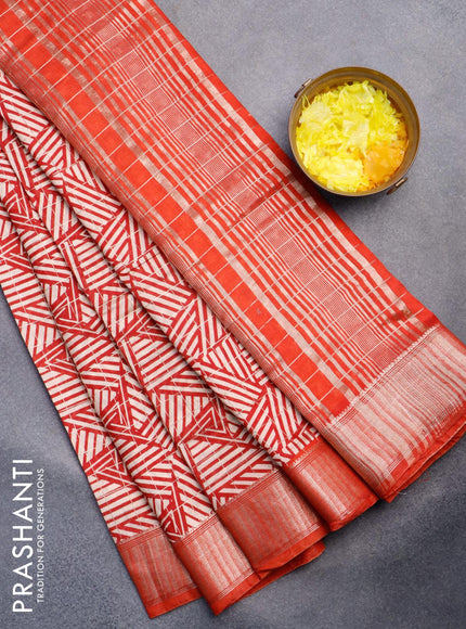 Semi gadwal saree cream maroon and rustic orange with allover zari checks & geometric prints and zari woven border