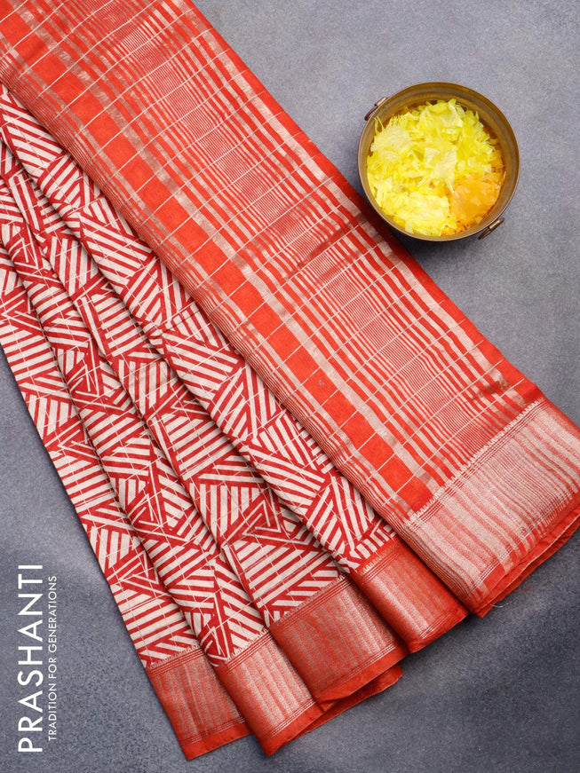 Semi gadwal saree cream maroon and rustic orange with allover zari checks & geometric prints and zari woven border