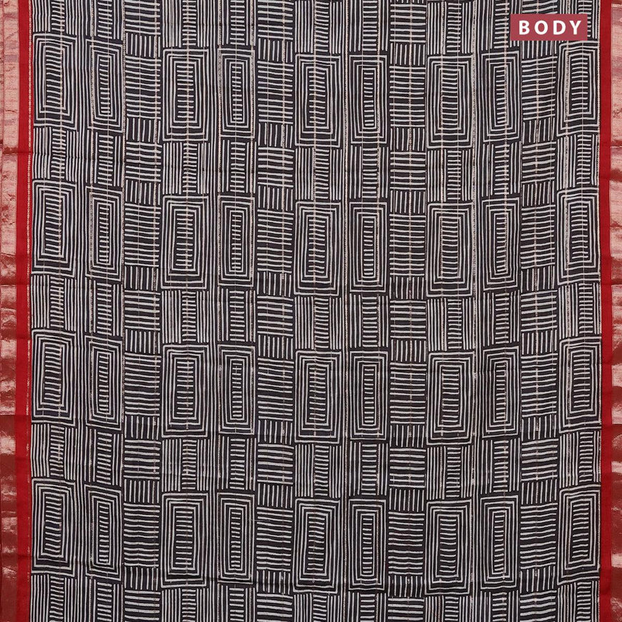 Semi gadwal saree black and maroon with allover zari strips & geometric prints and zari woven border