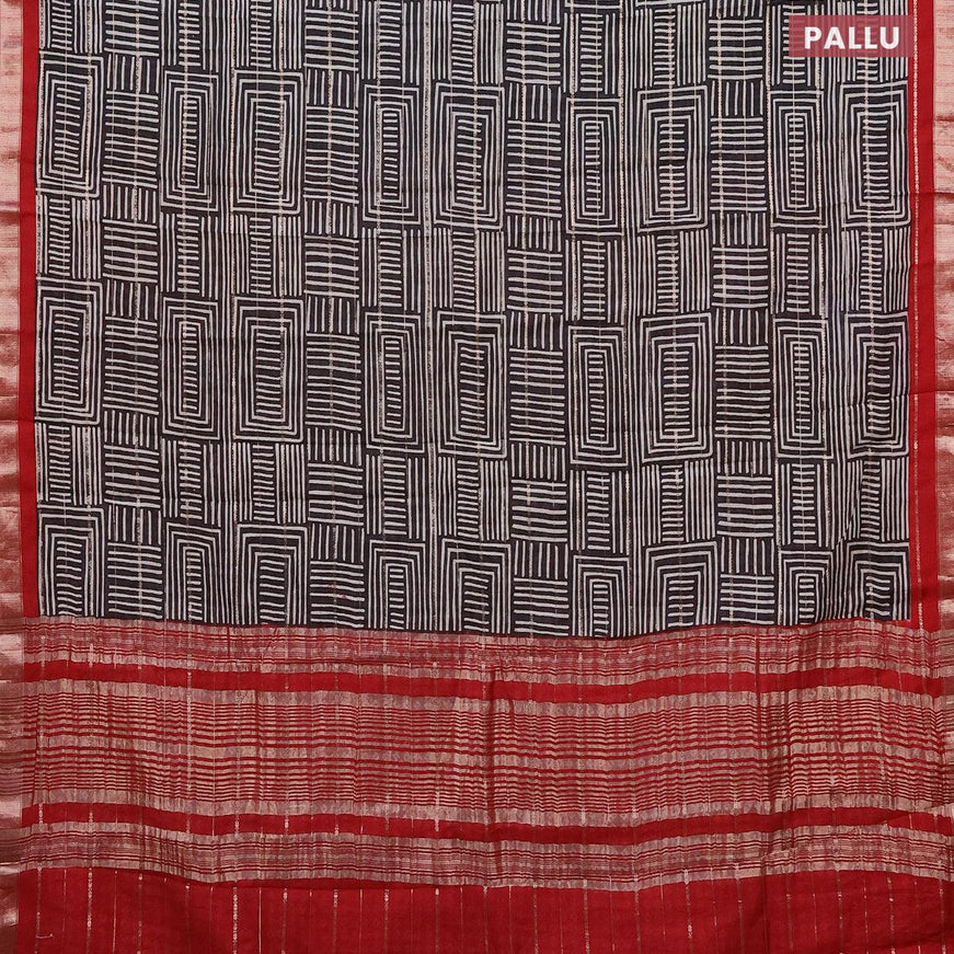 Semi gadwal saree black and maroon with allover zari strips & geometric prints and zari woven border