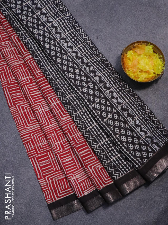 Semi gadwal saree maroon and black with allover zari strips & geometric prints and zari woven border