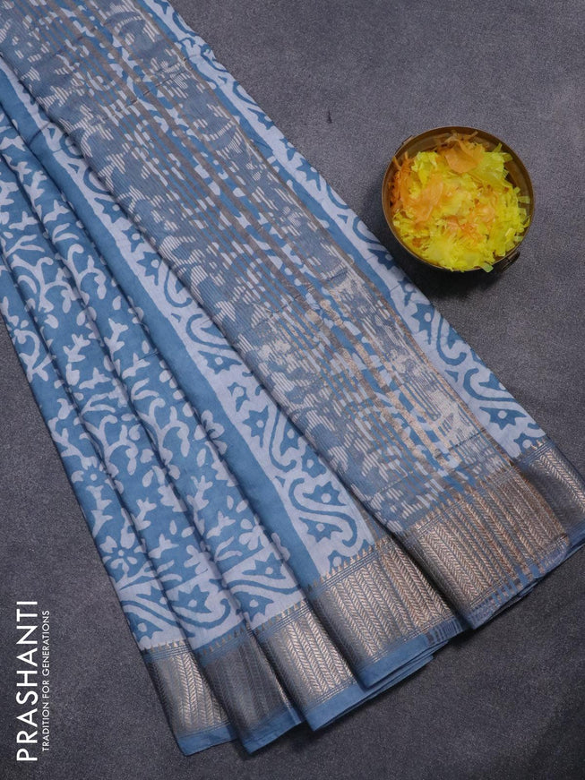 Semi gadwal saree greyish blue with allover batik prints and zari woven border