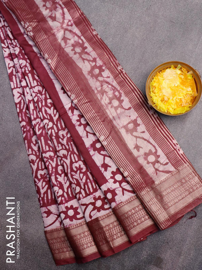 Semi gadwal saree wine shade and off white with allover batik prints and zari woven border